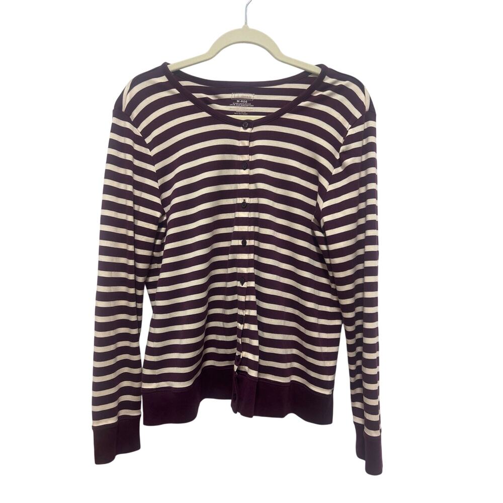 L.L. Bean Maroon Striped Suprima Cotton Button Front Preppy Cardigan Sweater M